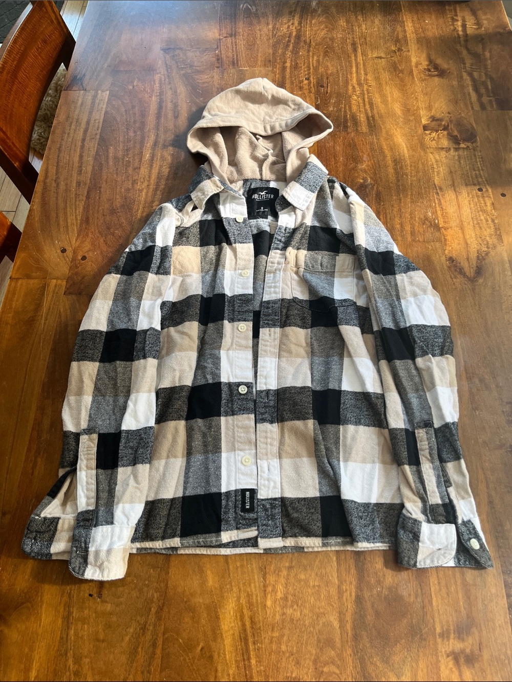 Hollister Hooded Plaid Button-Up Shirt Jacket - Black, White, Tan